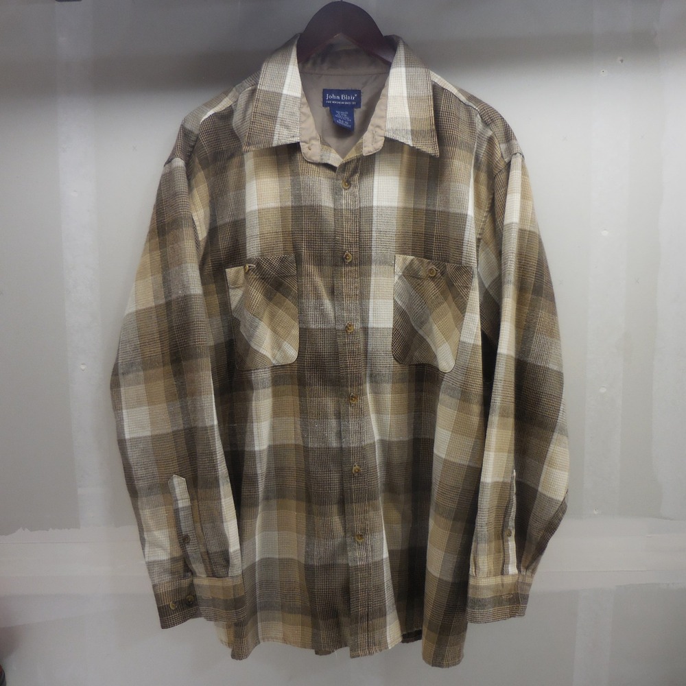 John Blair Mens XL Brown Tan Plaid Flannel Button Down Shirt Long Sleeve